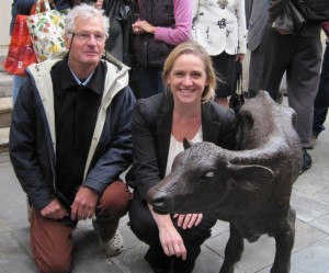 Sculptor Richard Cowdy with BBC Points West Presenter Amanda Parr Chippenham Calf